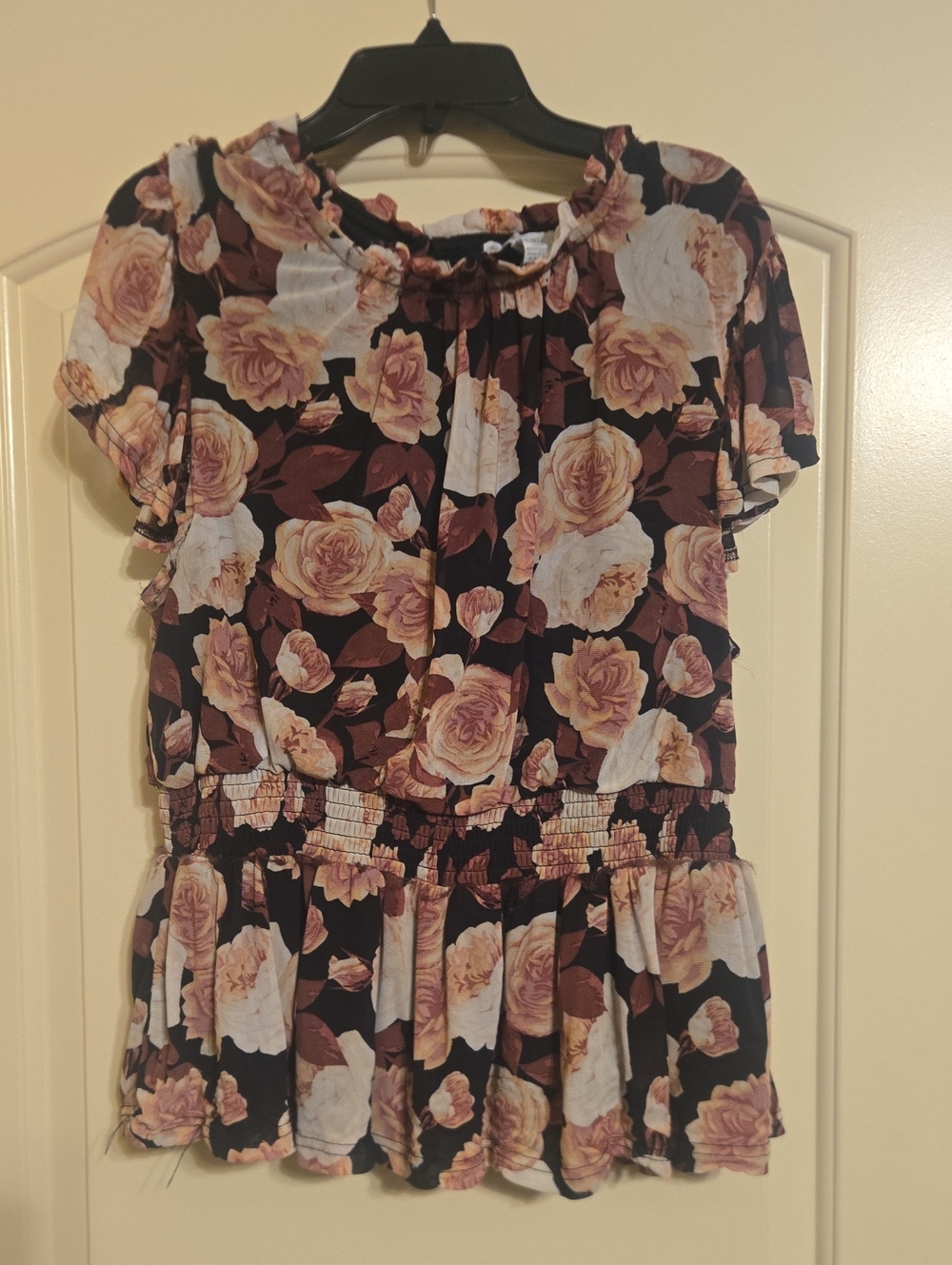 Large So It Is Girls Floral Smocked Waist Peplum Dress - Black & Blush